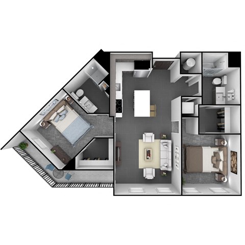 Floor plan for 2 beds, 2 baths, 1025 sqft
